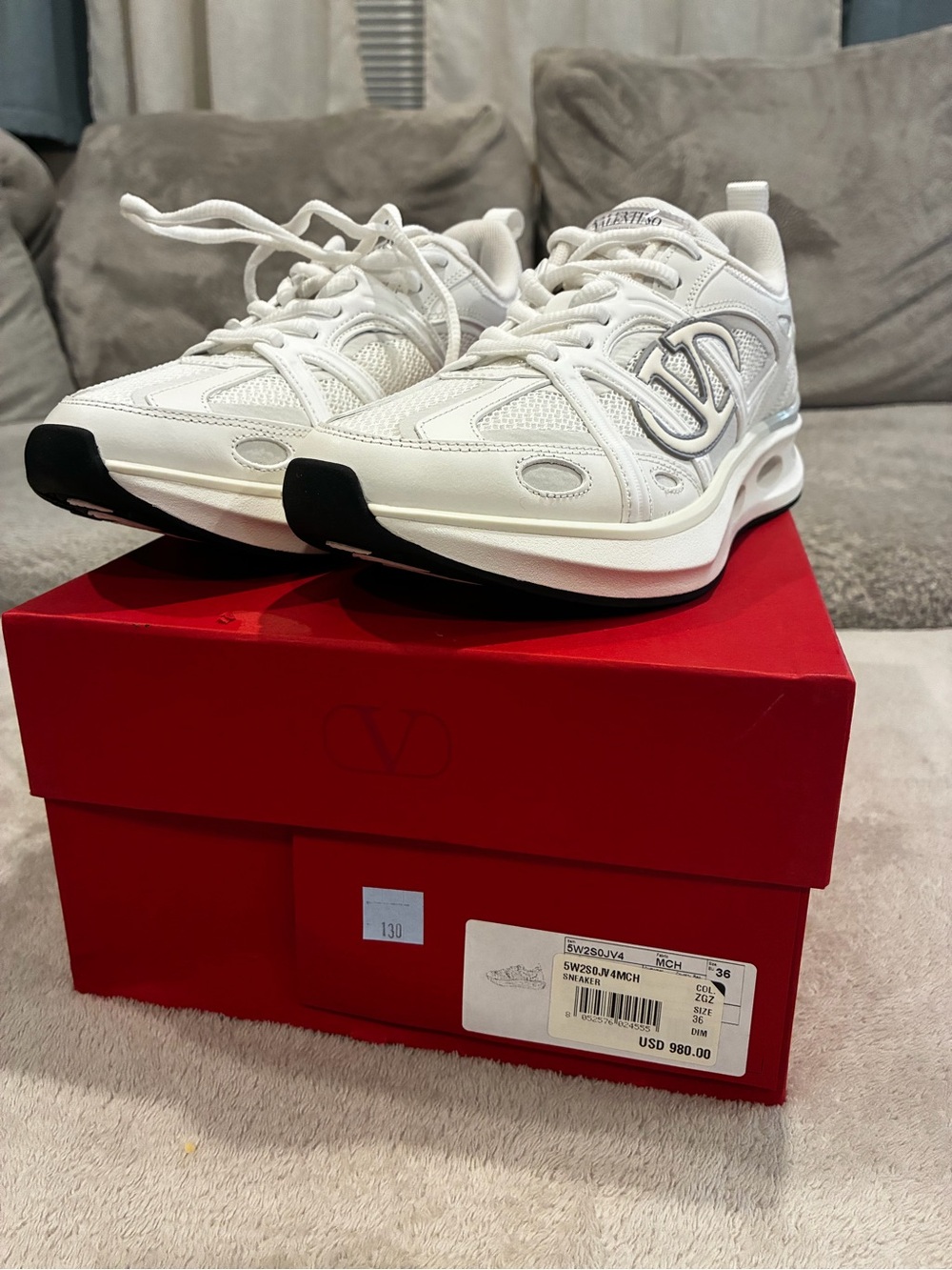 Valentino White Leather Mesh Lace-Up Sneakers
